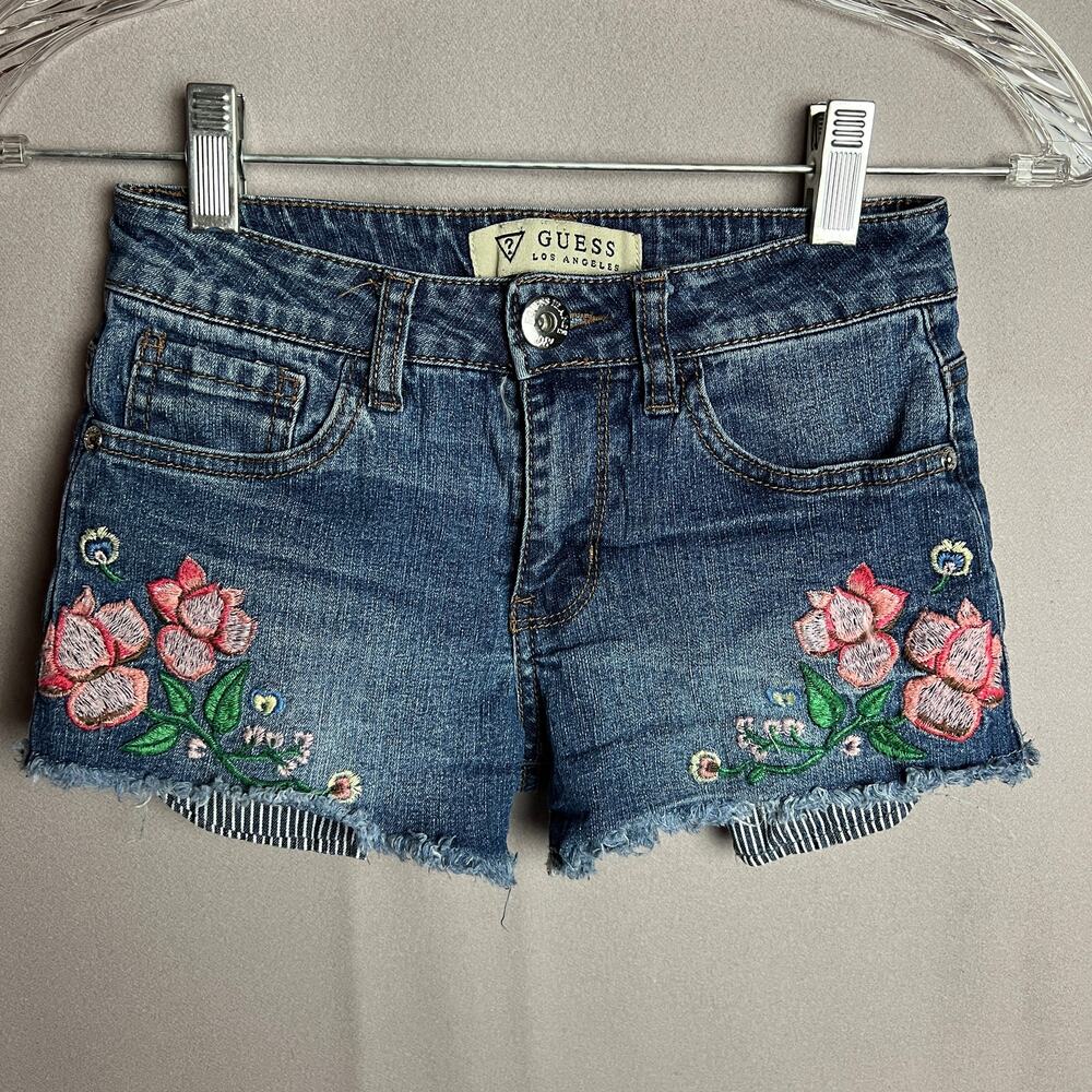 Y2K Guess Floral Embroidered Denim Shorts Blue Girls 10 Coquette Cottagecore